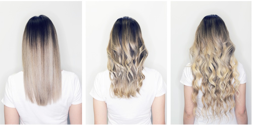 Woman removing clip on hair extensions before bedtime for healthy hair care.